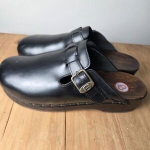 Berkemann Original Toeffler Black Calfskin Wooden Clogs Sz 12 Comfort Slip On